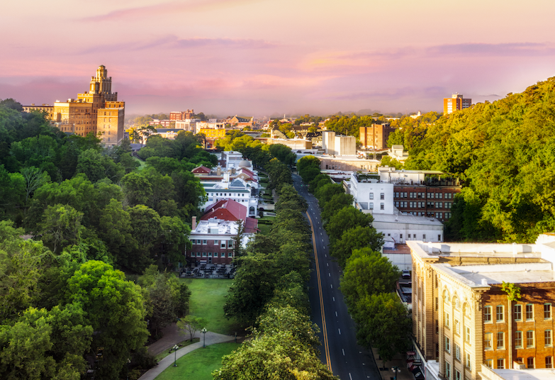 Aerial view of a city street lined with trees at sunset, with buildings and greenery.