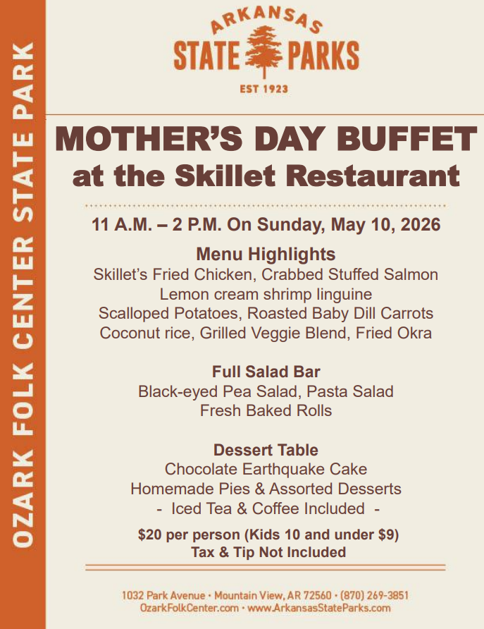 Mother's Day buffet menu at Ozark Folk Center State Park, May 10, 2026.