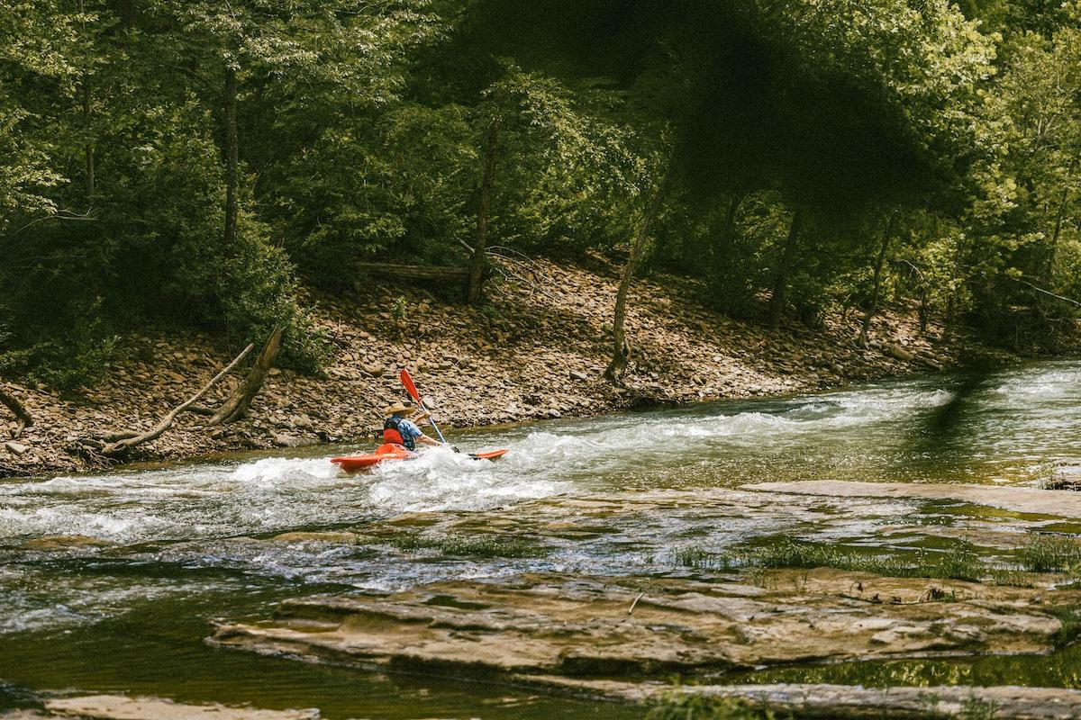 Kayaker in red paddles through a forested river.