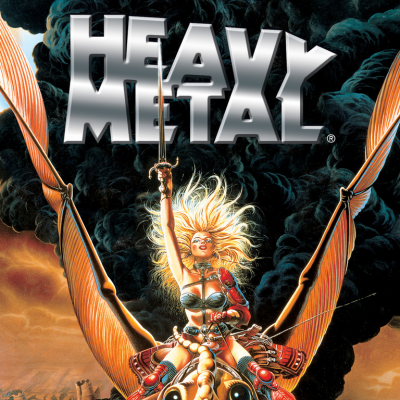 A warrior with a sword rides a creature against a smoky sky, "Heavy Metal" logo above.