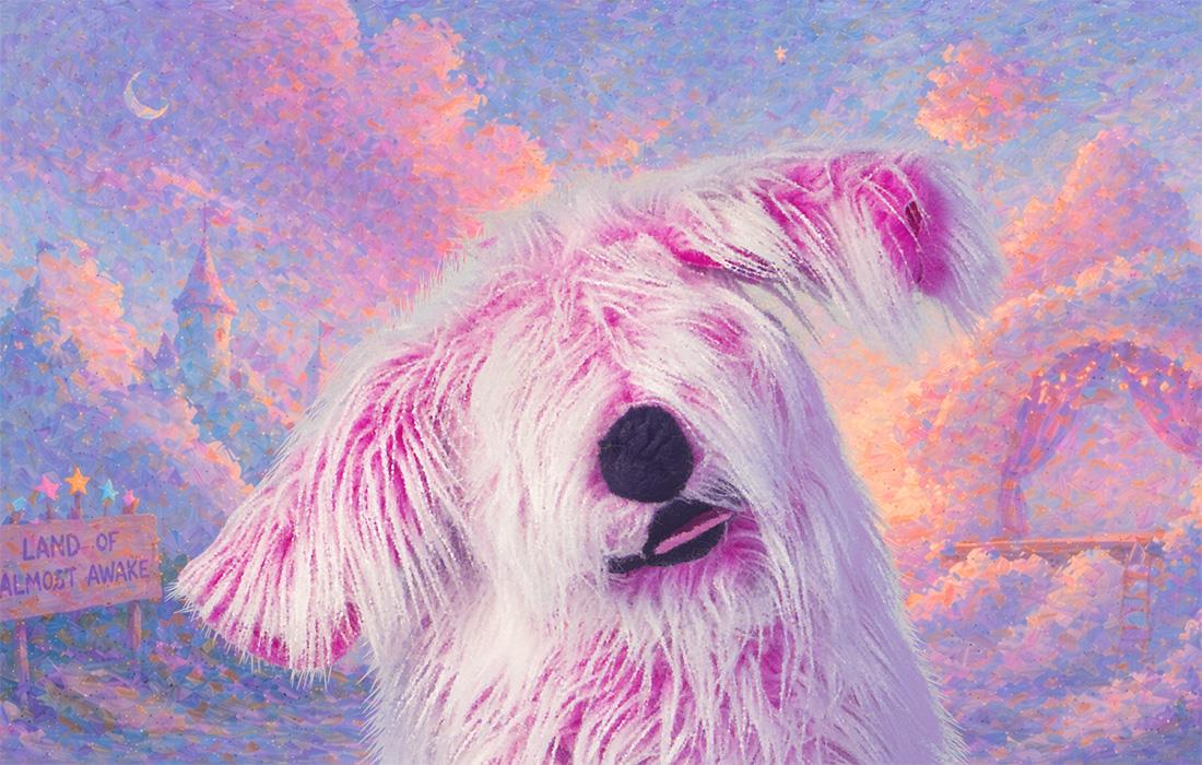 Fluffy dog with pink accents against a pastel, dreamy background.