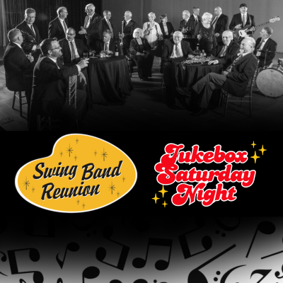 Black-and-white photo of a large jazz band on stage.
