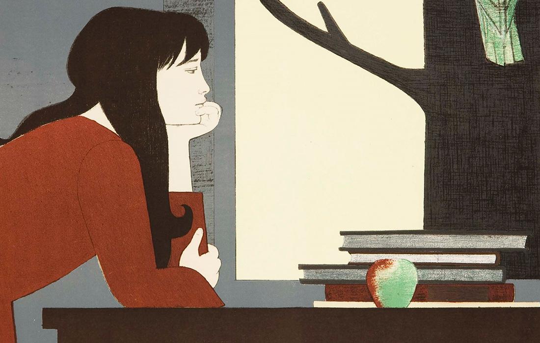 Woman pondering beside a stack of books and an apple, near a window.