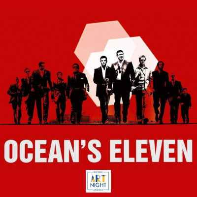 Men in suits walk confidently on a red background, with "Ocean's Eleven" text.