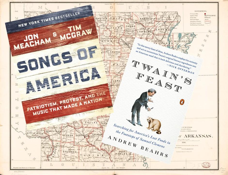 Two book covers overlaid on a vintage U.S. map backdrop.