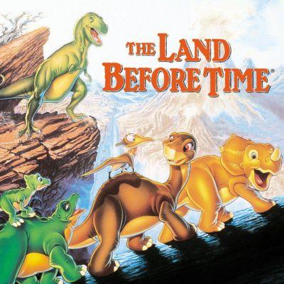 Animated dinosaurs walking on a rocky cliff with blue sky.
