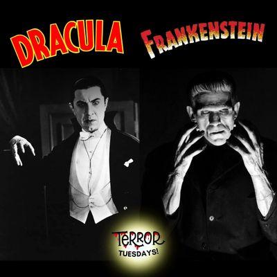 Dracula and Frankenstein in black and white with bold red titles.