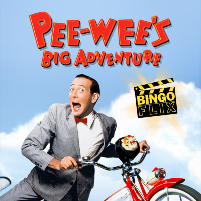 Man in a suit rides a red bicycle under a clear blue sky, looking surprised.