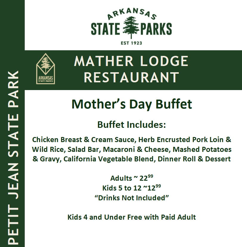 Mother's Day Buffet menu from Arkansas State Parks at Mather Lodge Restaurant.
