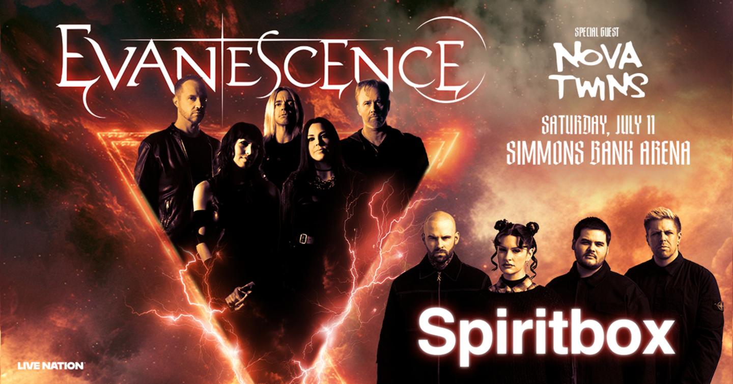 Evanescence and Spiritbox concert poster, fiery background, band members in dark attire.