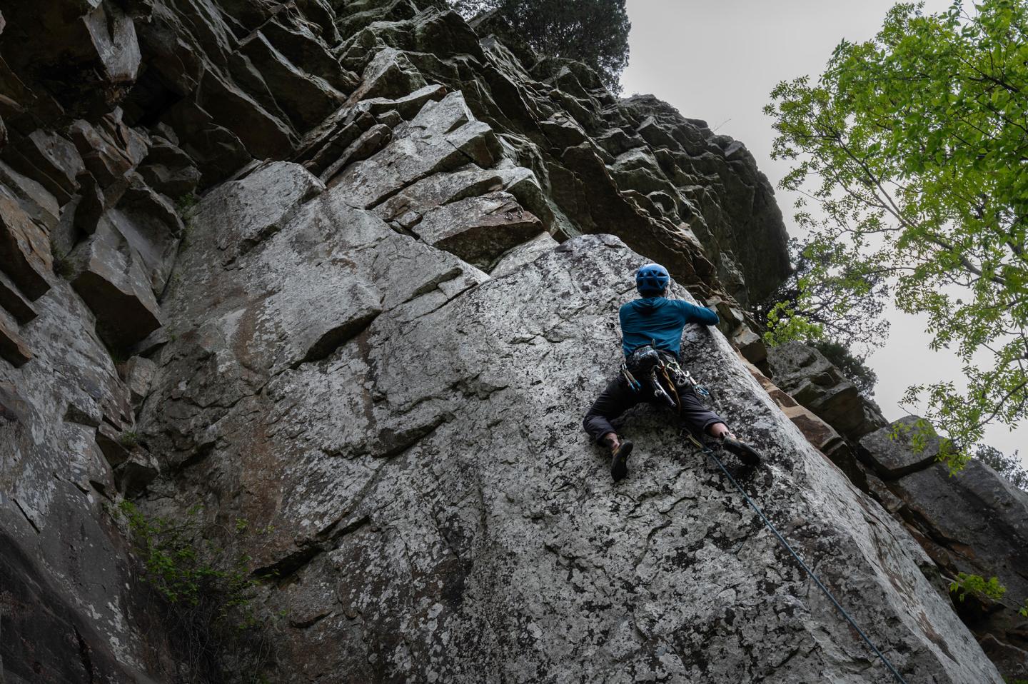 Rock climber ascending a sheer cliff, surrounded by trees.