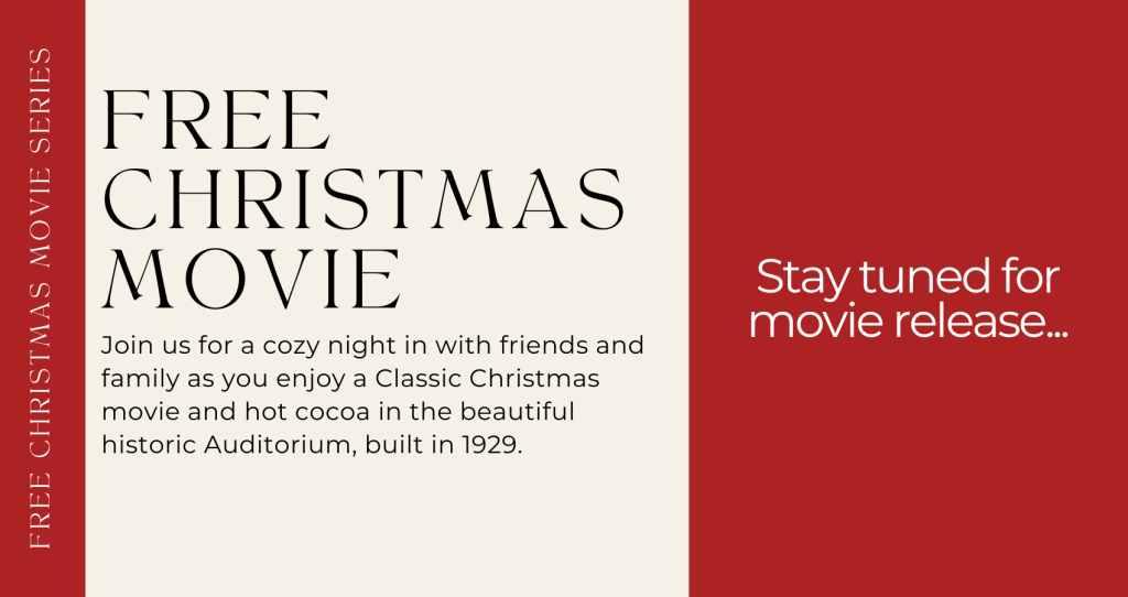 Free Christmas movie announcement with red and cream colors.