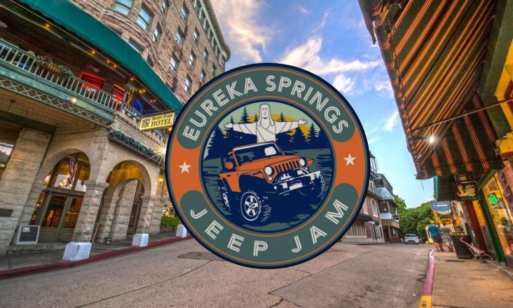 Eureka Springs Jeep Jam logo over a street scene with colorful buildings.