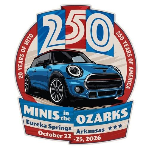 Mini Cooper logo with event details for Minis in the Ozarks, October 22-25, 2026.