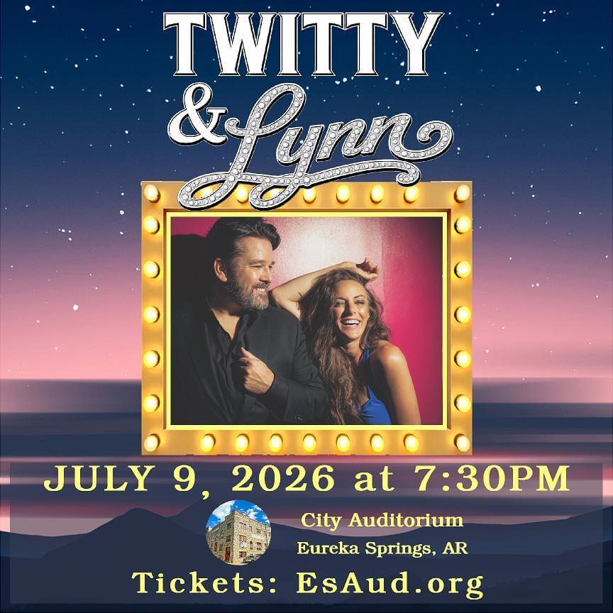 Concert poster with a man and woman smiling framed with lights.