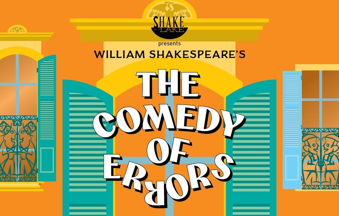 Theater poster with bright shutters and text "The Comedy of Errors."