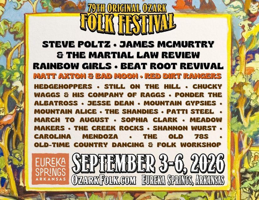 Eureka Springs Folk Festival poster with bands and dates, September 3-6, 2026.