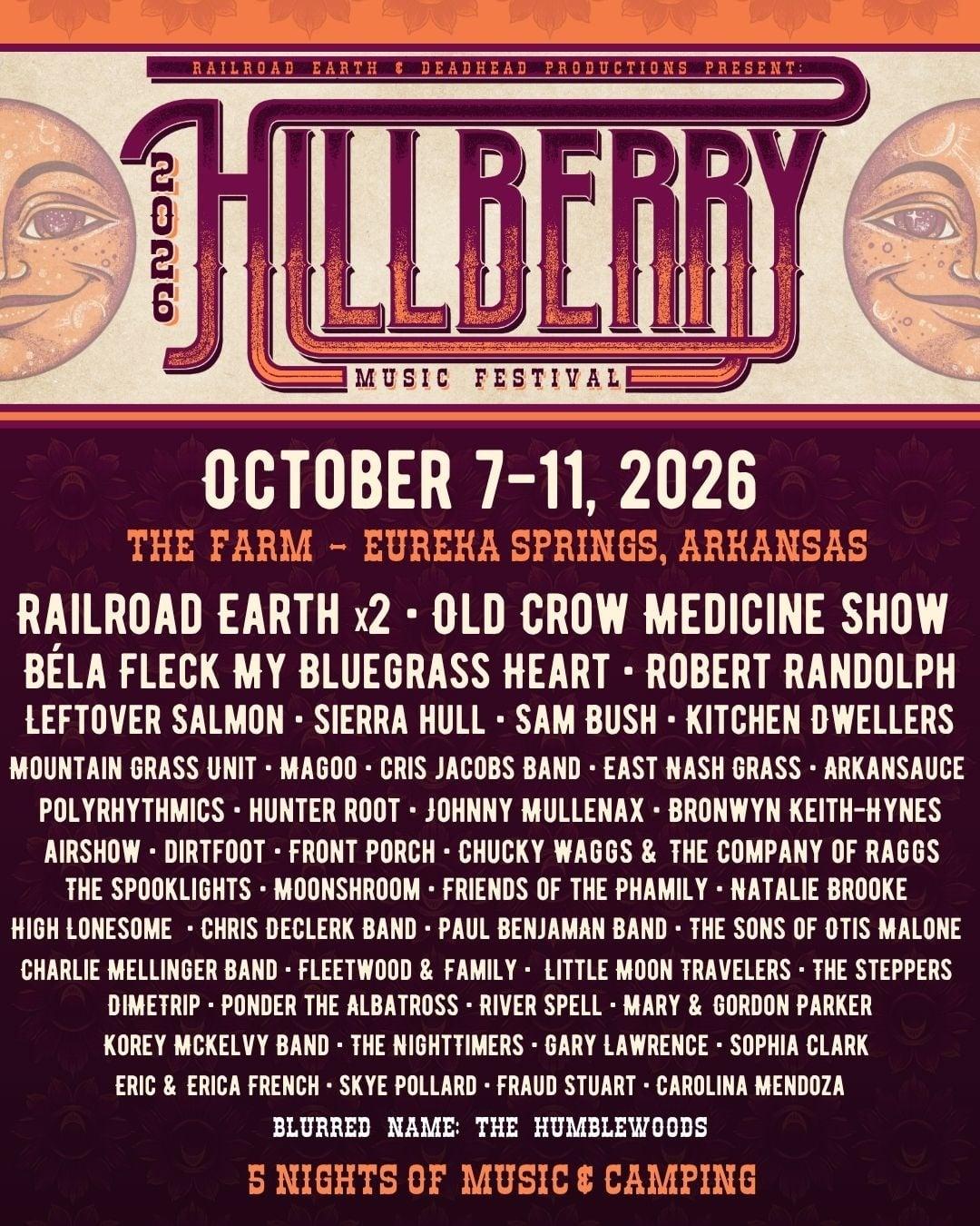 Hillberry Music Festival lineup poster, October 7-11, 2026, Eureka Springs, Arkansas.