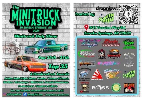 Minitruck show flyer with colorful trucks and sponsor logos on a brick background.