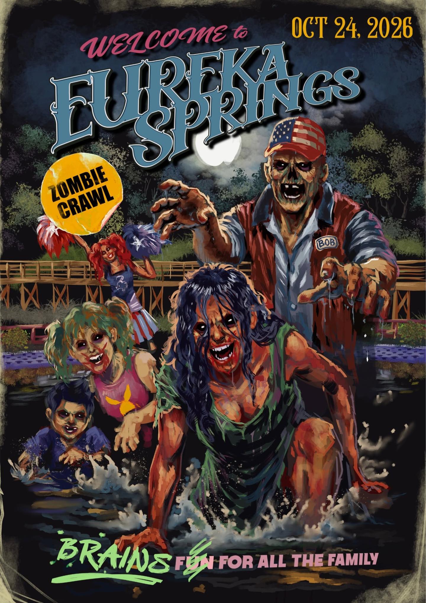 Zombie-themed poster with eerie figures and vibrant colors.
