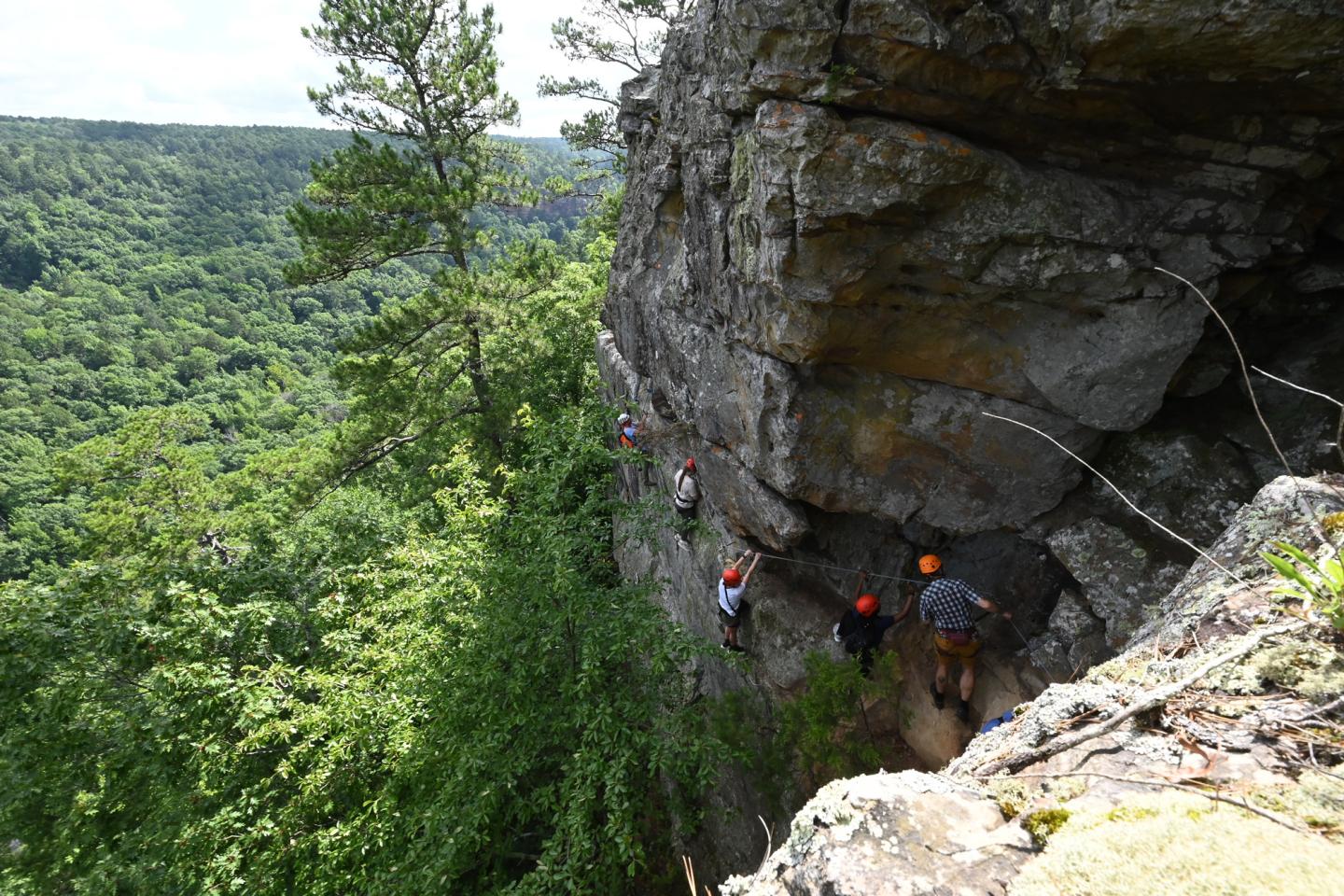 Climbers with helmets on a narrow ledge beside a large rock face, surrounded by trees.