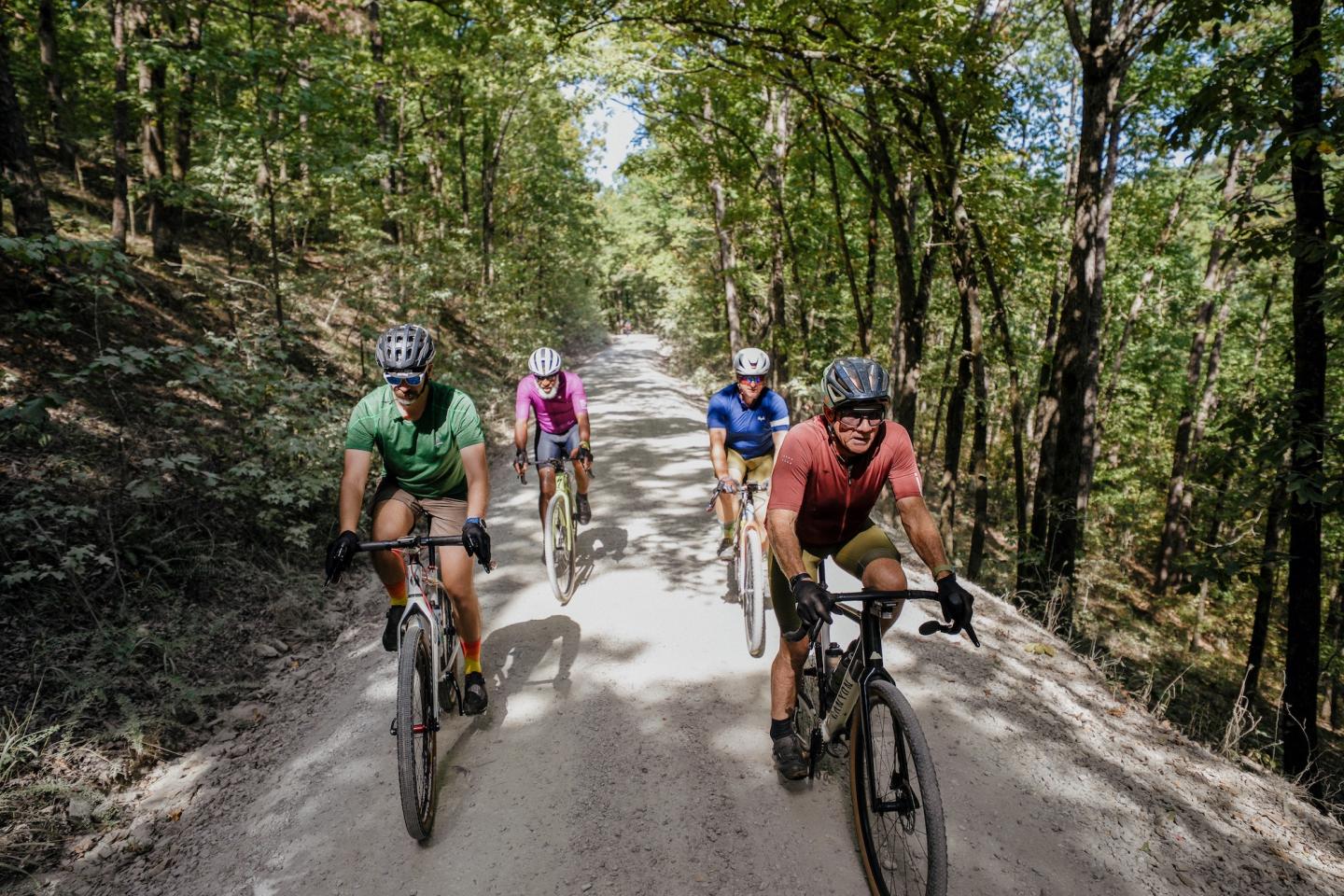 Cyclists ride through a sun-dappled forest trail.