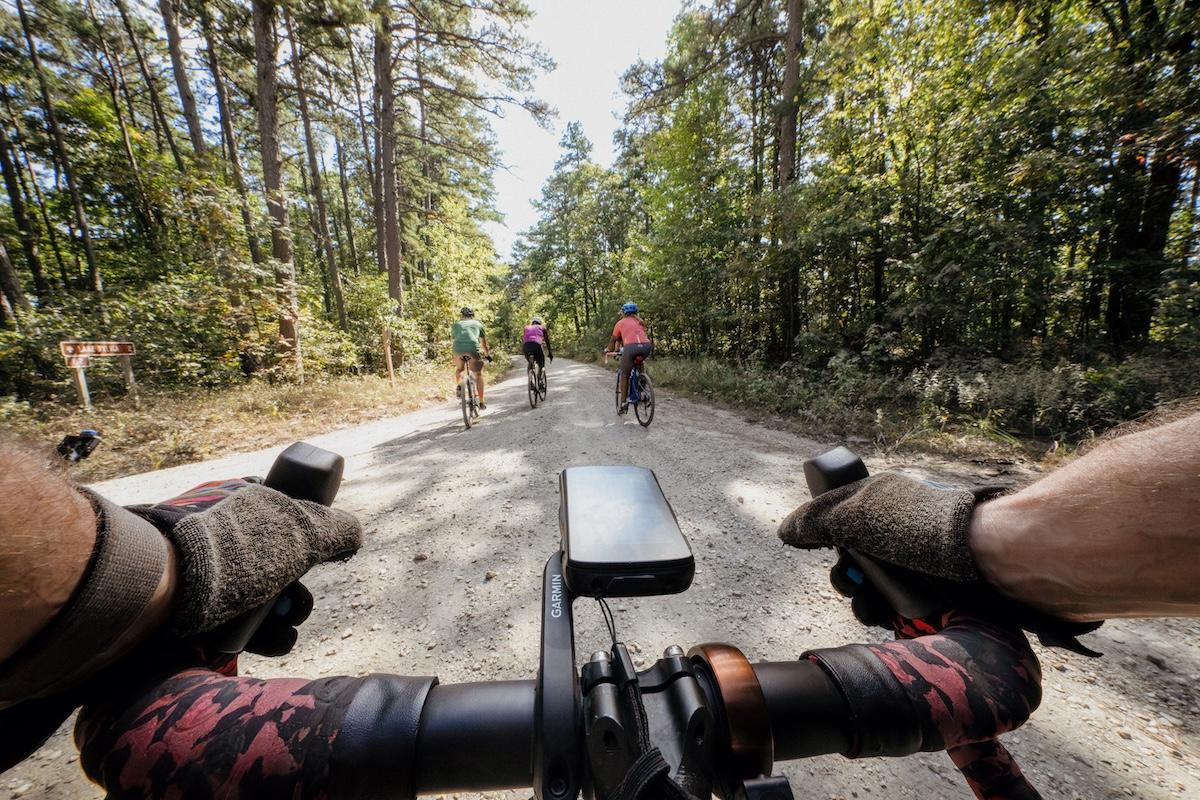 Cyclist's view on a forest trail, three bikers ahead.