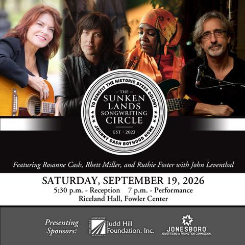 Sunken Lands Songwriting Circle with musicians holding guitars, dated September 19, 2026, 5:30 p.m.