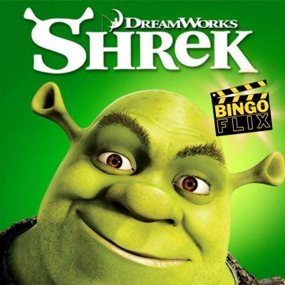 Shrek smiling against a green background, promotional graphic poster.