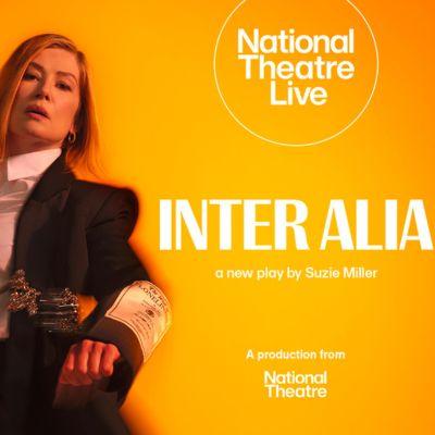 Woman in black suit on bright orange background, text promotes a play.