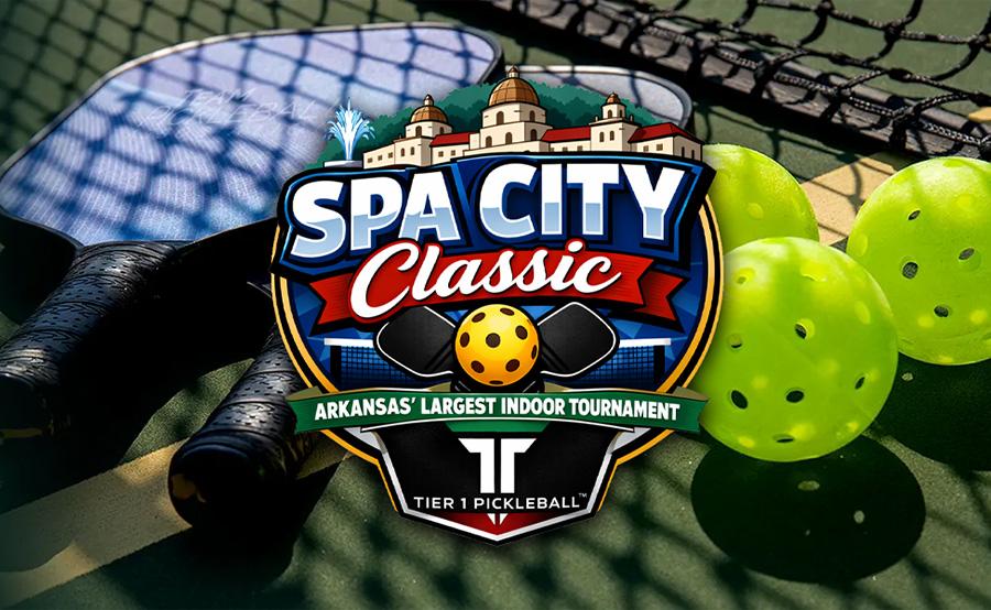 Pickleball logo with paddle, net, and yellow balls on court.