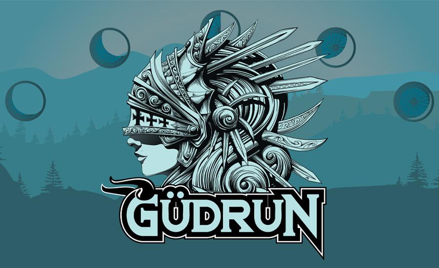 Güdrun logo with a warrior helmet design, blue background.
