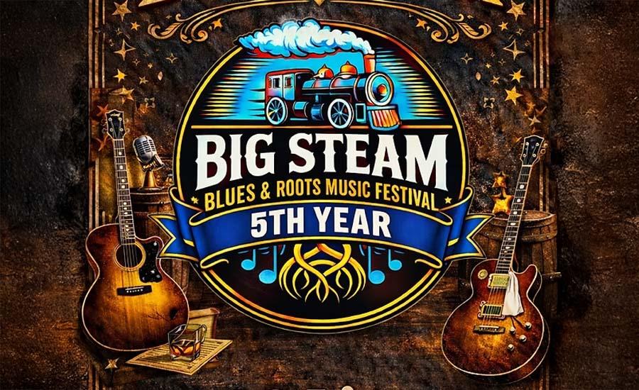 Blues festival logo with guitars, steam train, and musical notes.