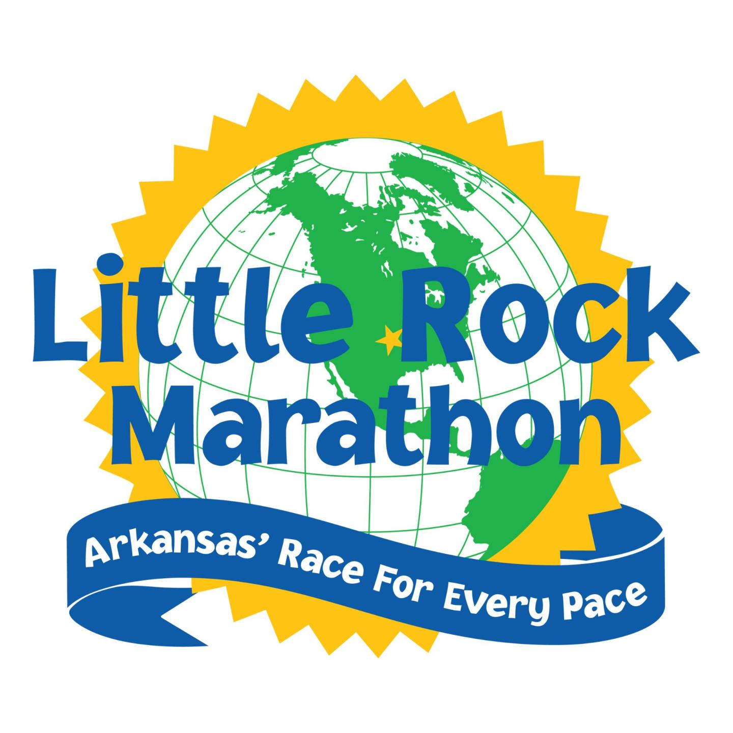Logo with globe, sunburst, and text "Little Rock Marathon."