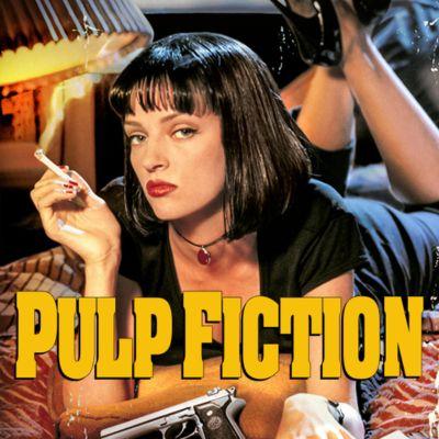 Woman lying on a bed with a cigarette, yellow "Pulp Fiction" text.