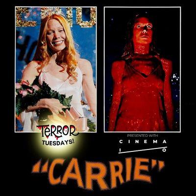 Retro movie poster for "Carrie," featuring two images of a young woman.
