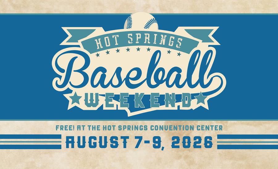 Baseball weekend logo with event date and location in blue and beige.