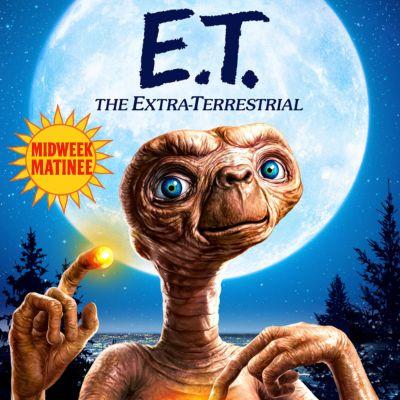 Alien with glowing finger in front of a full moon.