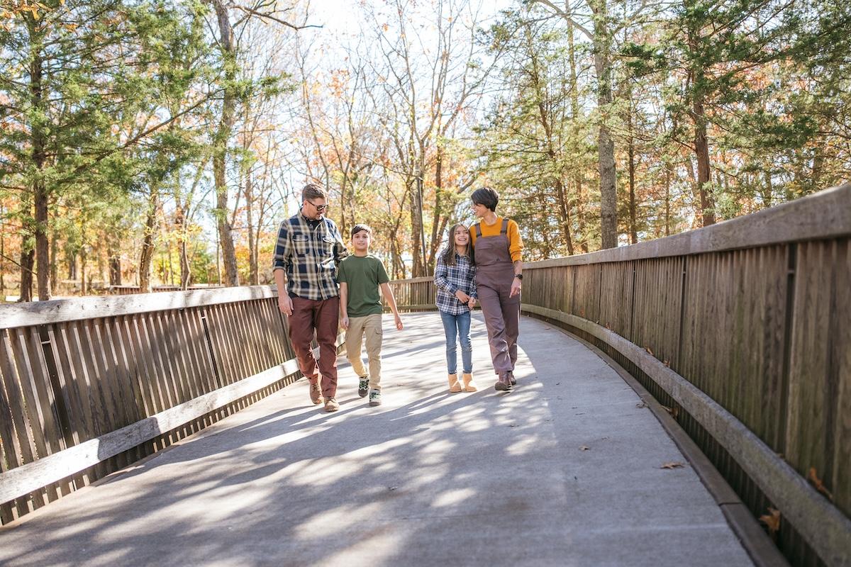 Four people walking on a wooden path in a sunlit forest.