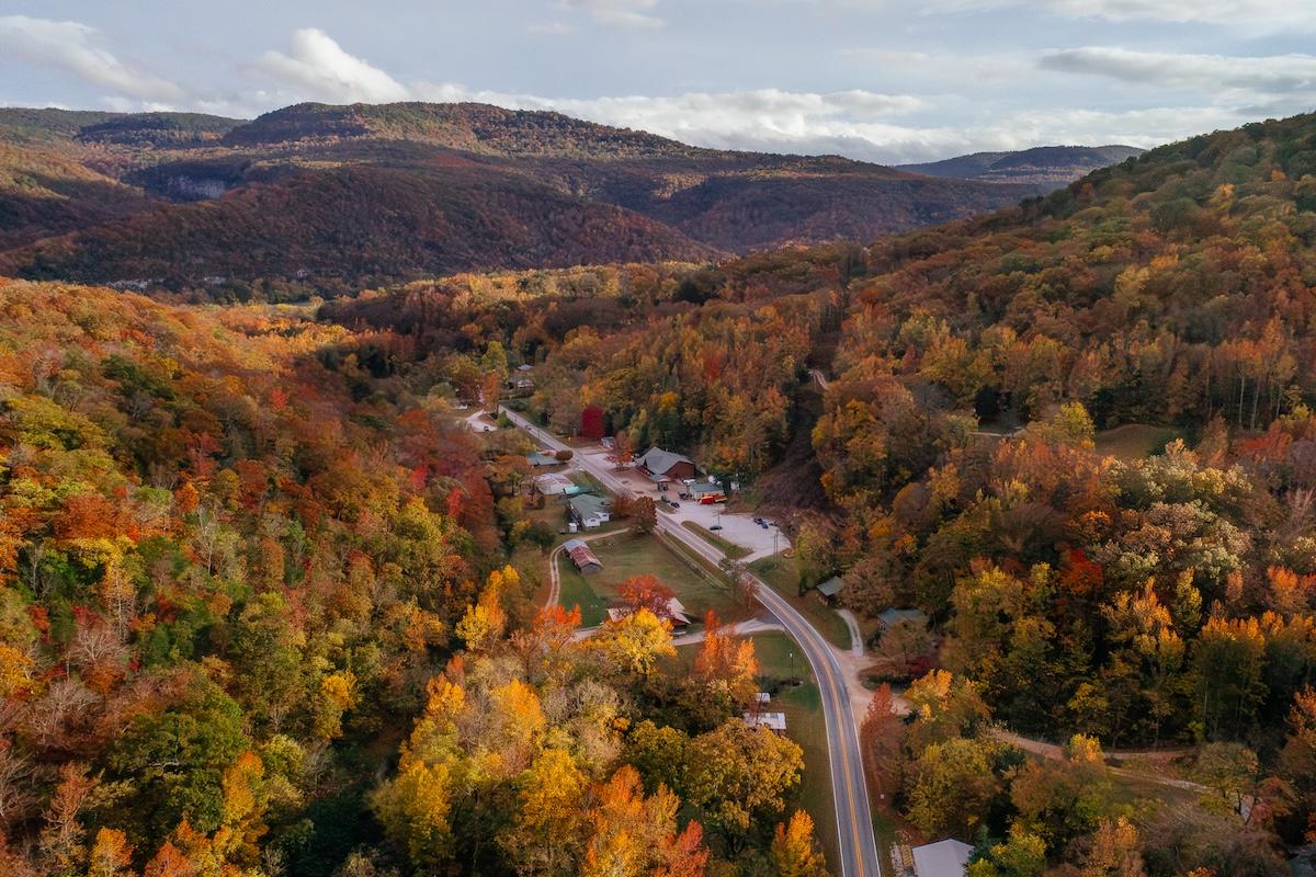 Aerial view of a village in a valley with vibrant autumn foliage.