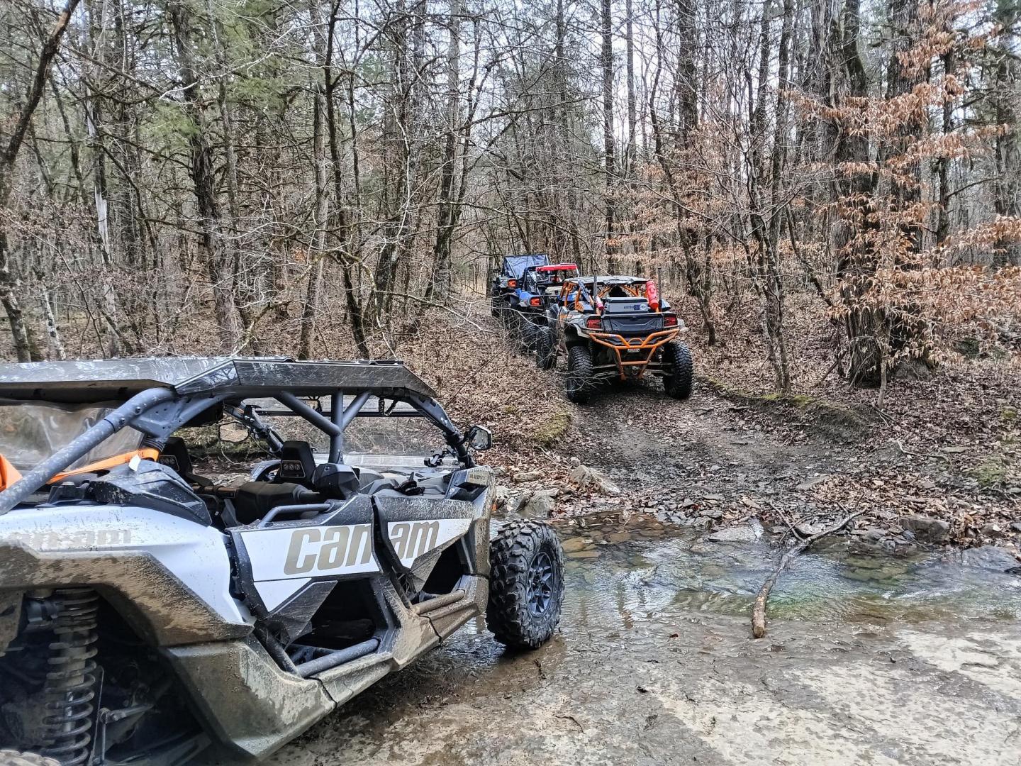 Off-road buggies on a muddy forest trail beside a shallow creek.
