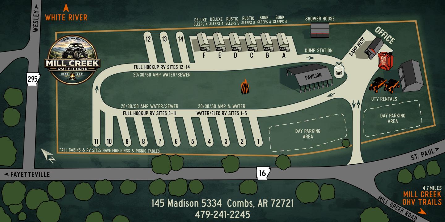 Illustrated festival site map with stages, entrances, parking, and wooded surroundings.