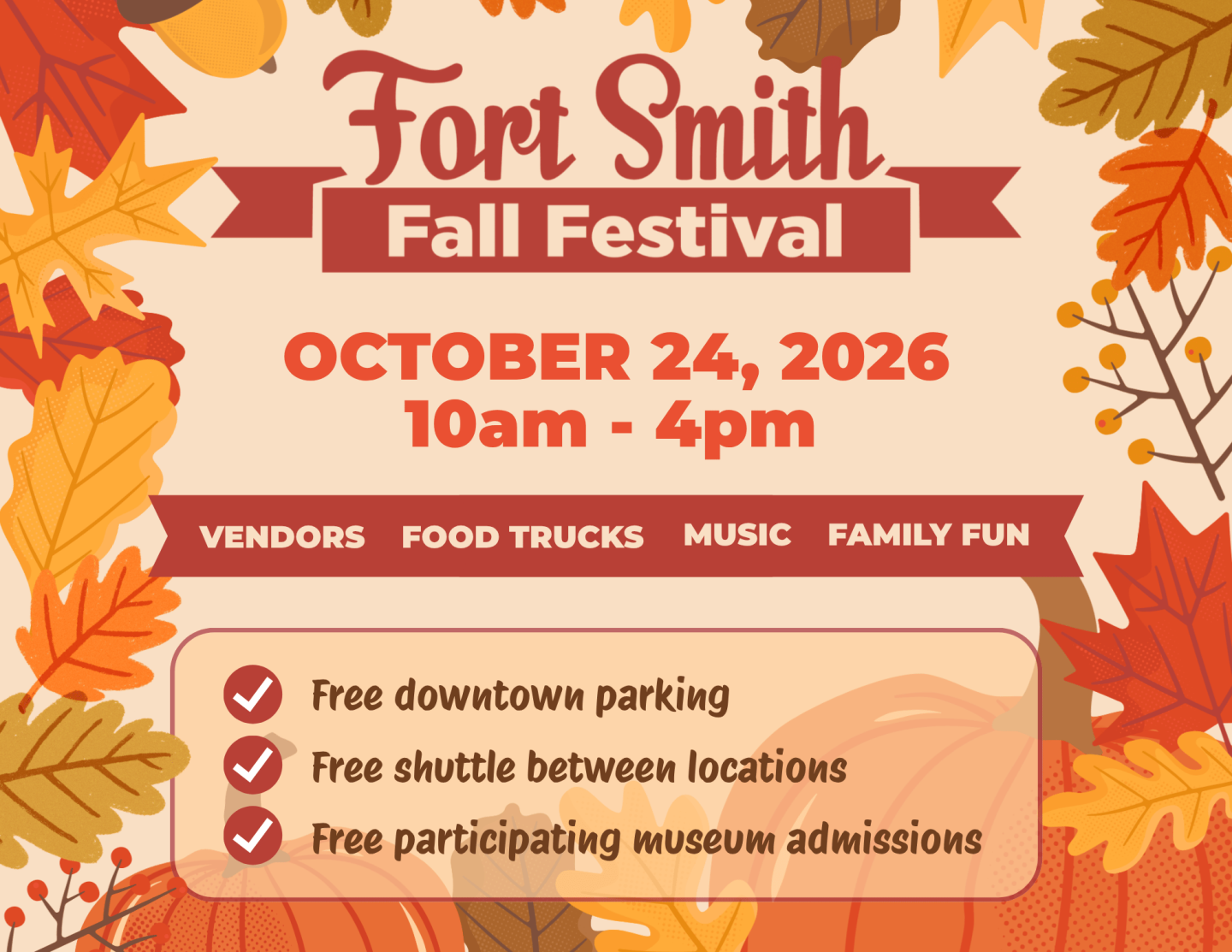 Fort Smith Fall Festival flyer with autumn leaves and event details.