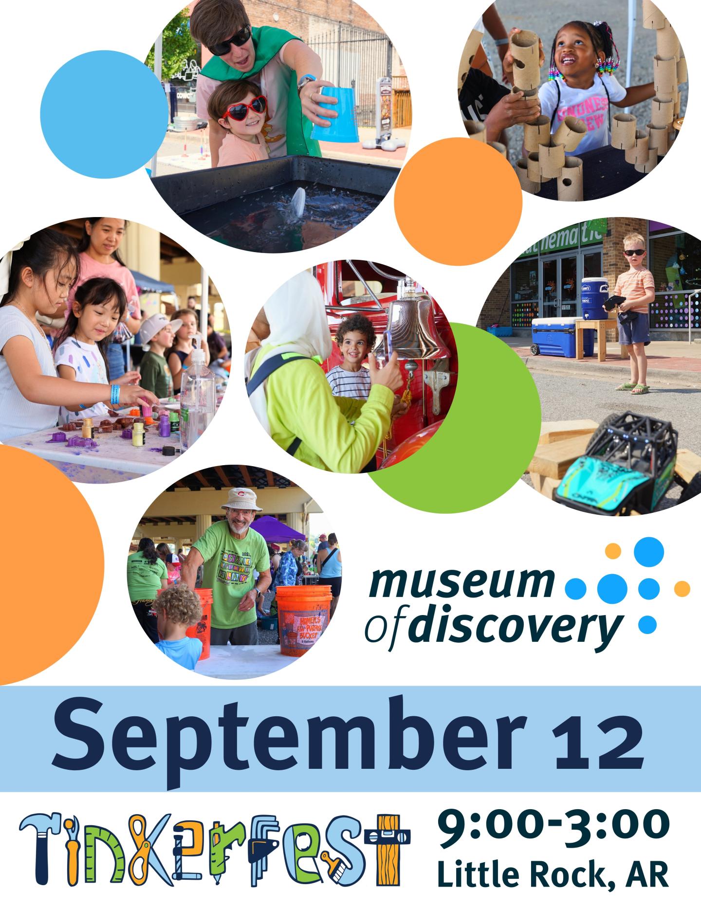 Collage of kids exploring and playing at a science event, with colorful circles.