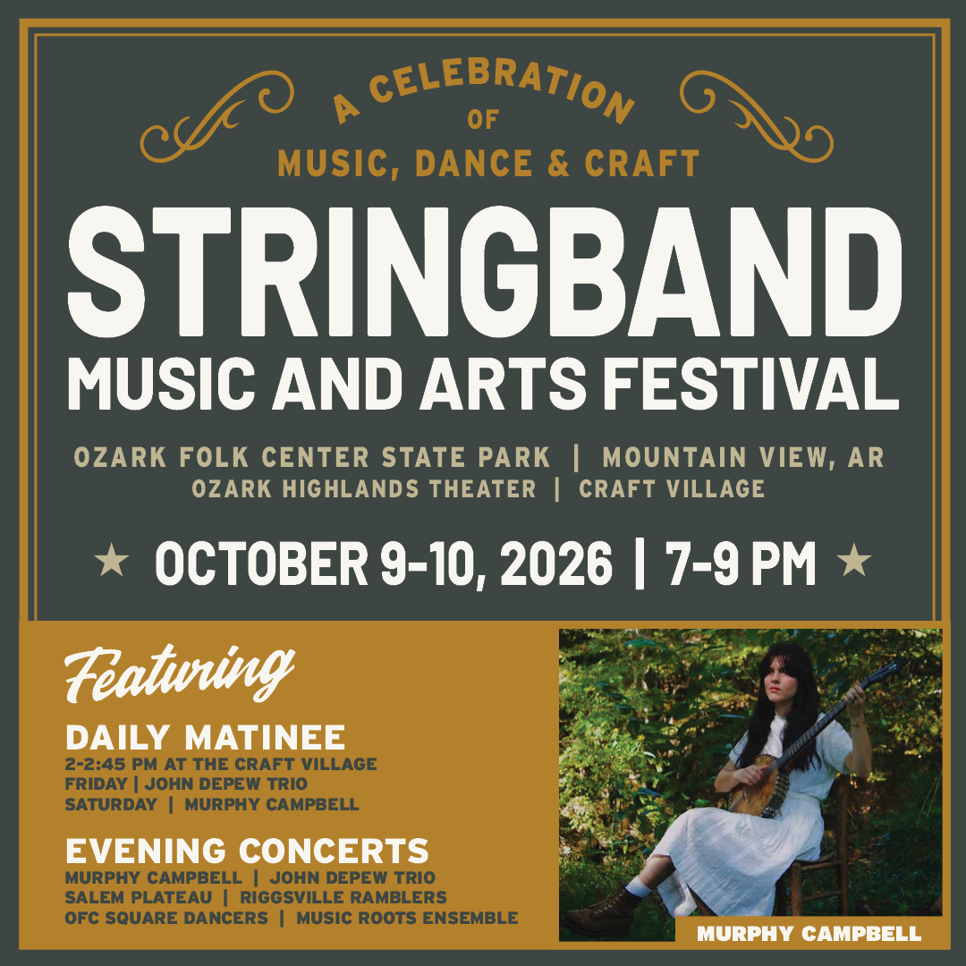 Poster for Stringband Music and Arts Festival, October 9–10, 2026, with musician photo.