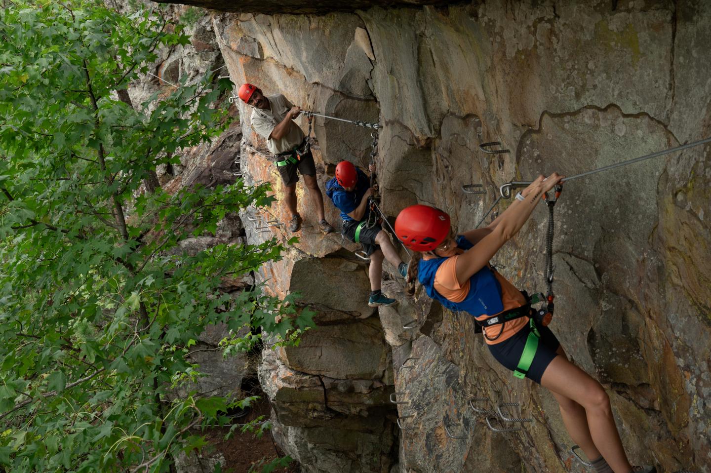 Two rock climbers ascending a rugged cliff beside green foliage.