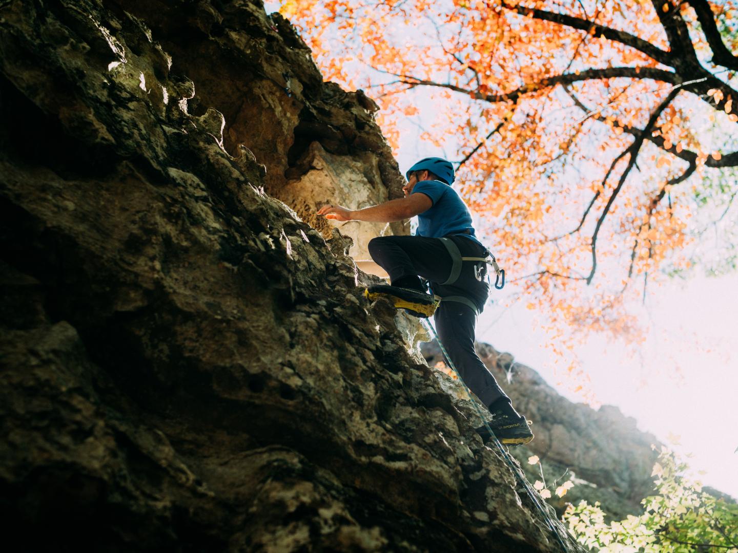 Hiker climbing a rocky cliff beneath orange autumn leaves.