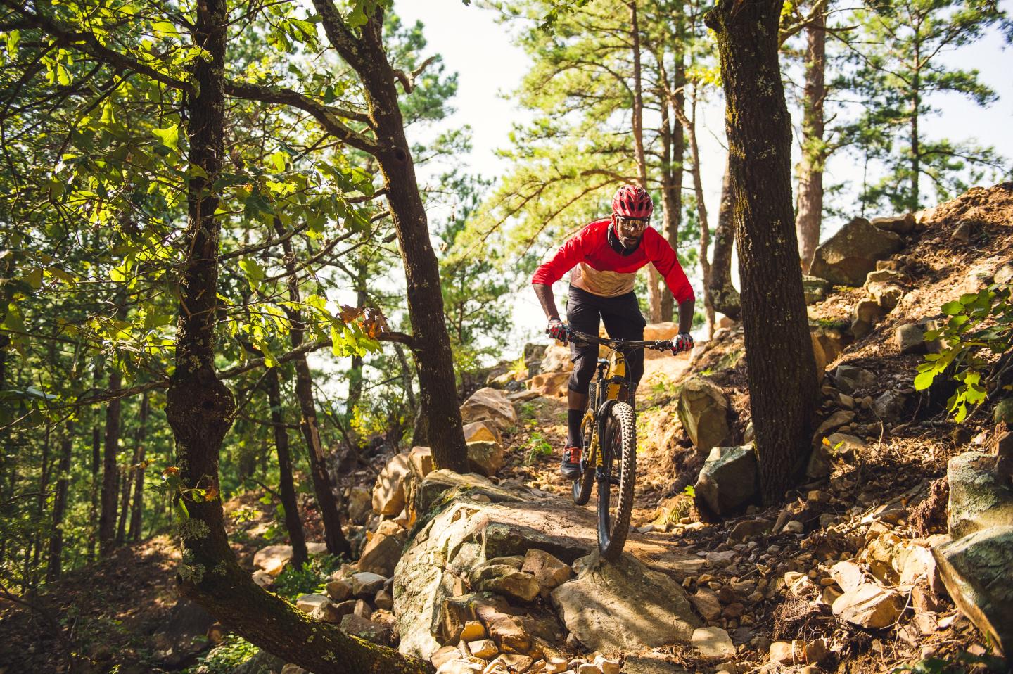 Mountain biker in red jersey riding down a rocky forest trail.