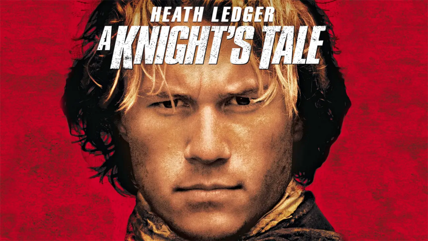 Heath Ledger as a knight against a red background, titled “A Knight’s Tale”