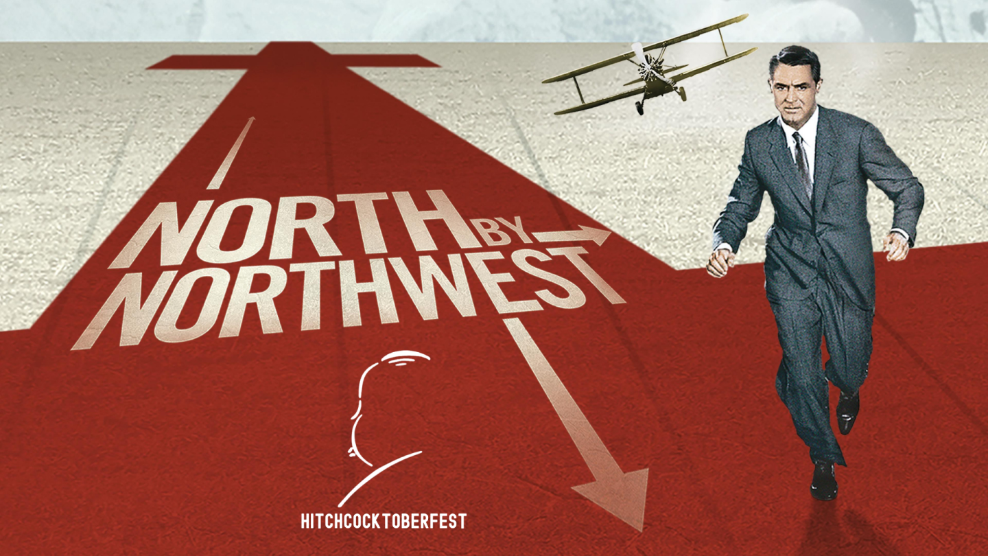Vintage graphic of a man running across a red map, titled “North by Northwest.”